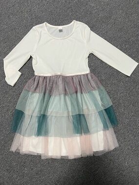 Girls Ivory Long-Sleeve Tulle Tiered Dress with Pastel Skirt